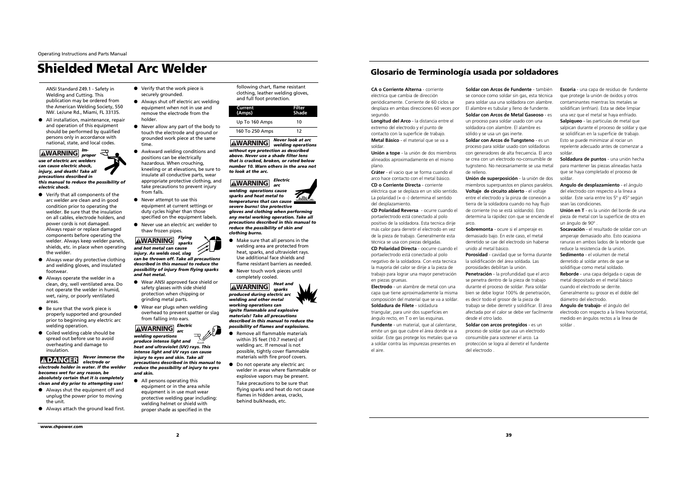 Shielded metal arc welder, Glosario de terminología usada por soldadores, Danger | Campbell Hausfeld WS2800 User Manual | Page 2 / 20