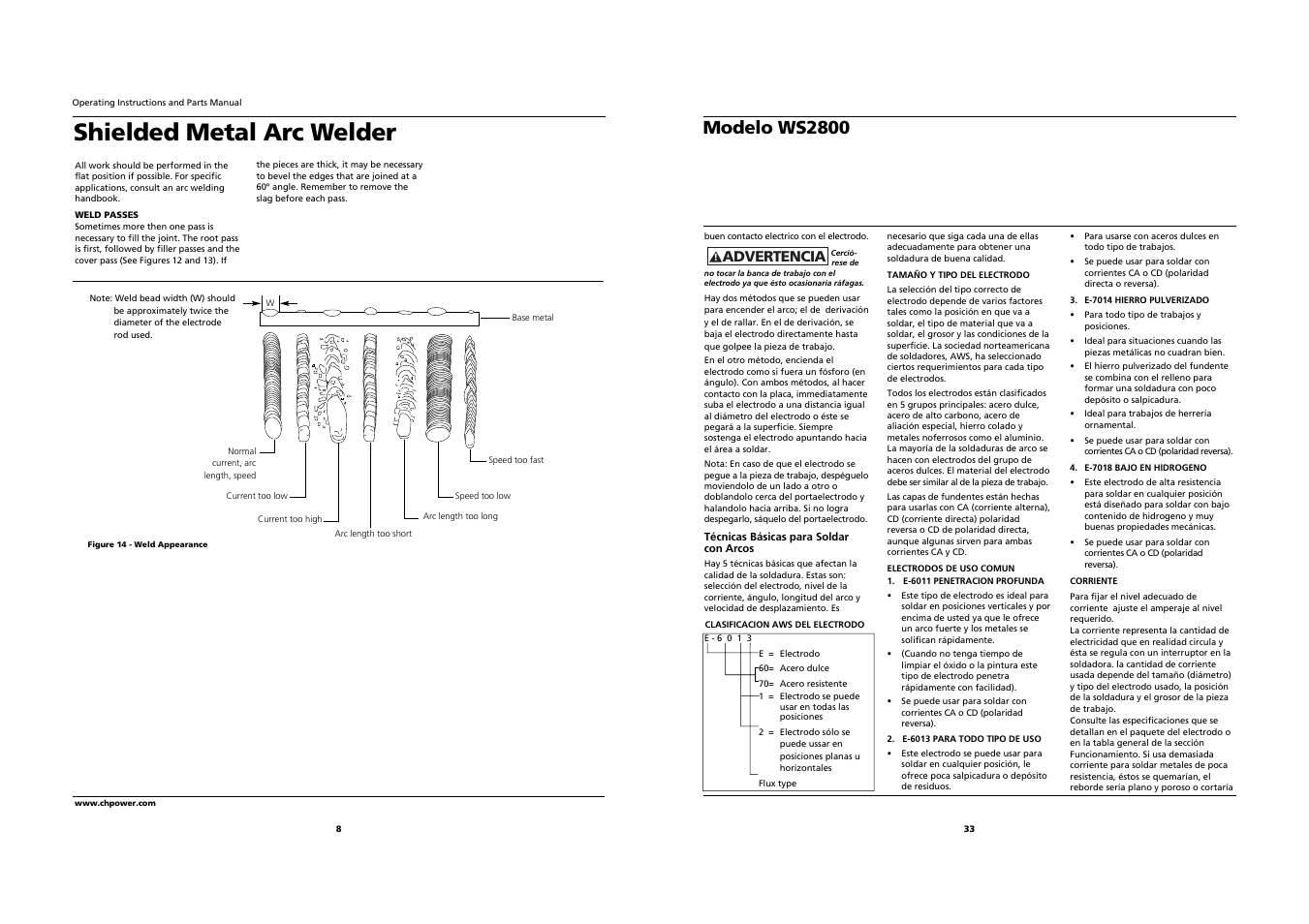 Shielded metal arc welder, Modelo ws2800, Advertencia | Campbell Hausfeld WS2800 User Manual | Page 8 / 20
