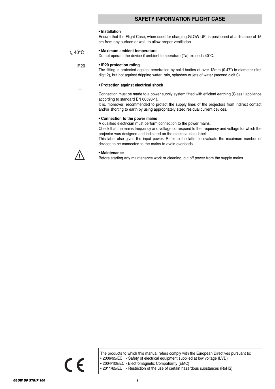 Safety information flight case | Clay Paky GLOW UP STRIP 100 User Manual | Page 3 / 28