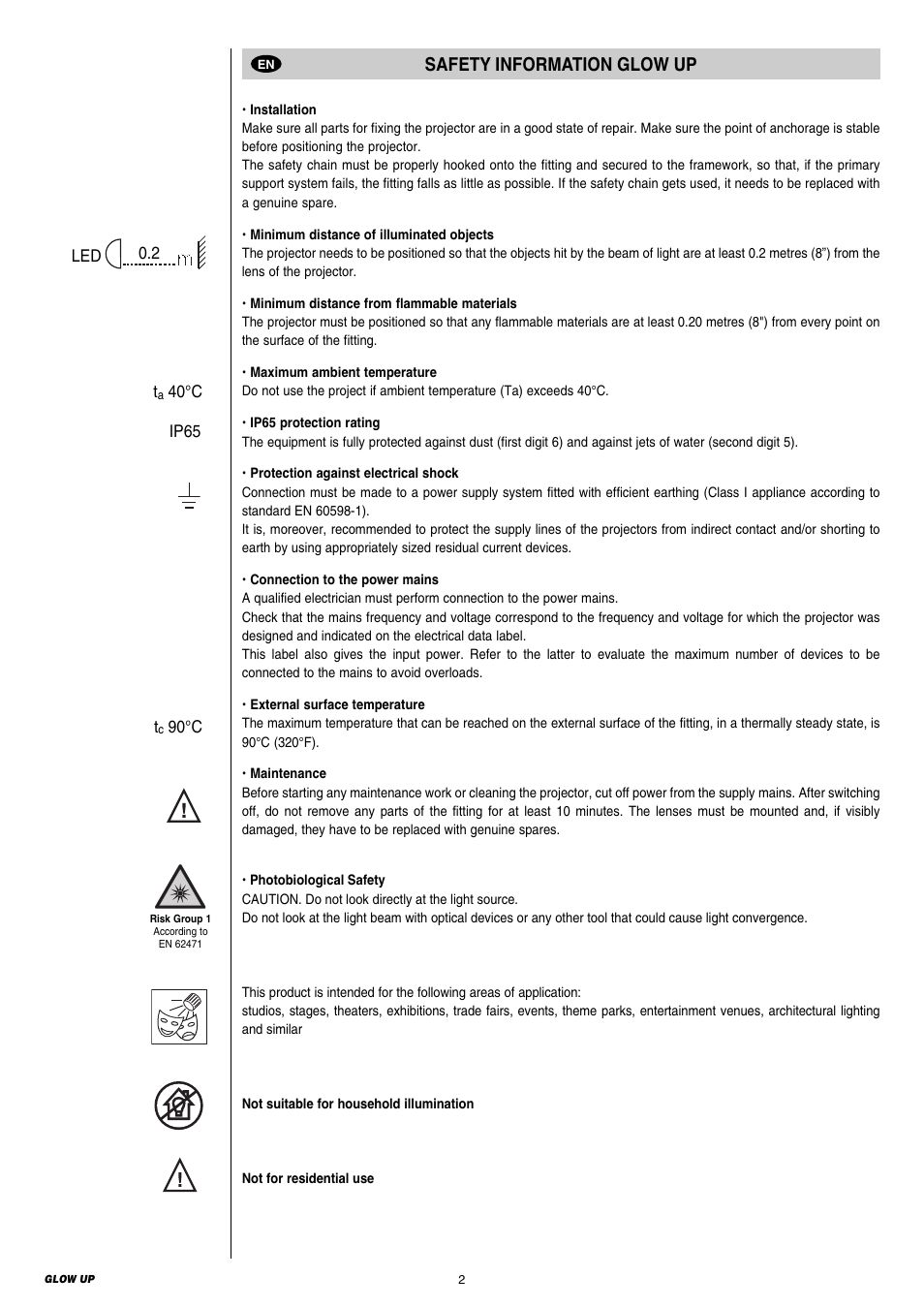 Safety information glow up | Clay Paky GLOW UP User Manual | Page 2 / 36