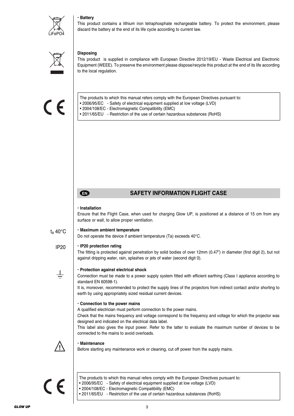 Safety information flight case | Clay Paky GLOW UP User Manual | Page 3 / 36