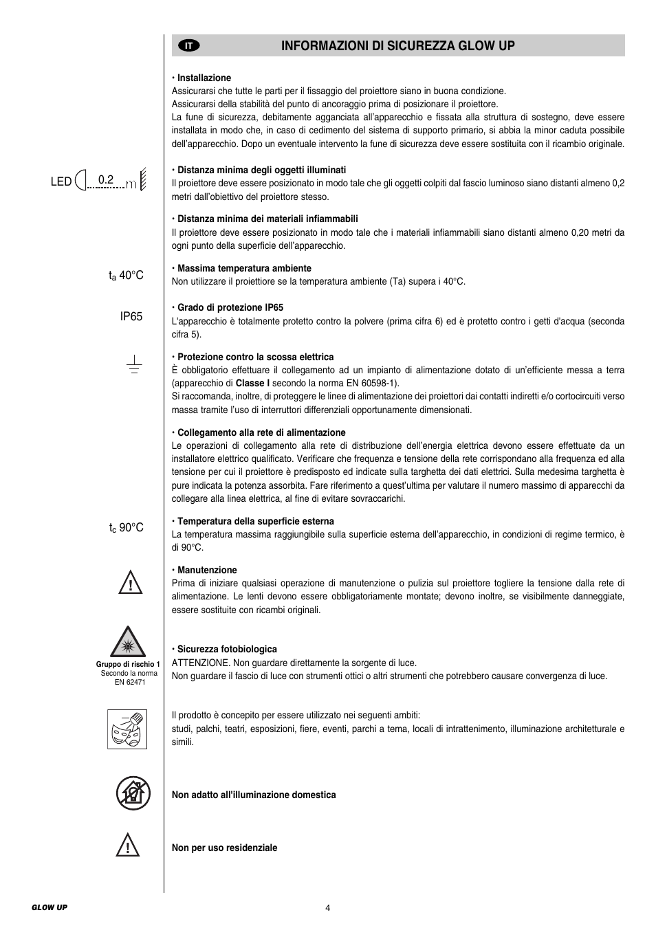 Informazioni di sicurezza glow up | Clay Paky GLOW UP User Manual | Page 4 / 36