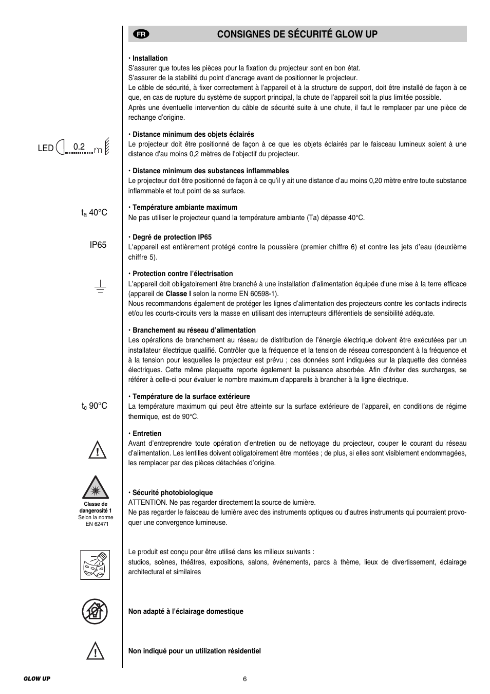 Consignes de sécurité glow up | Clay Paky GLOW UP User Manual | Page 6 / 36