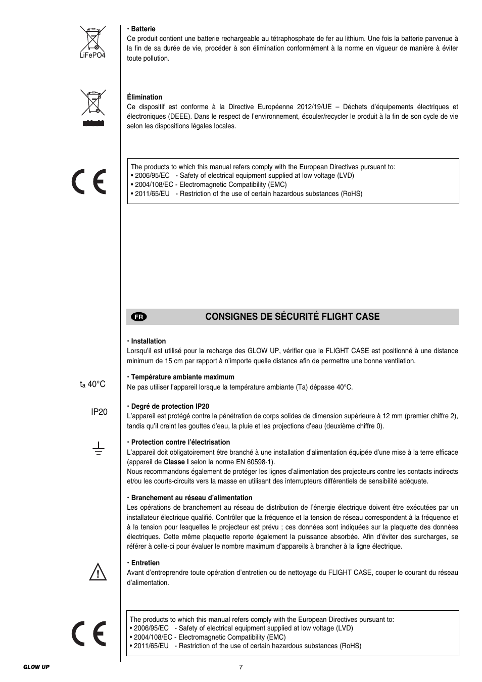 Consignes de sécurité flight case | Clay Paky GLOW UP User Manual | Page 7 / 36