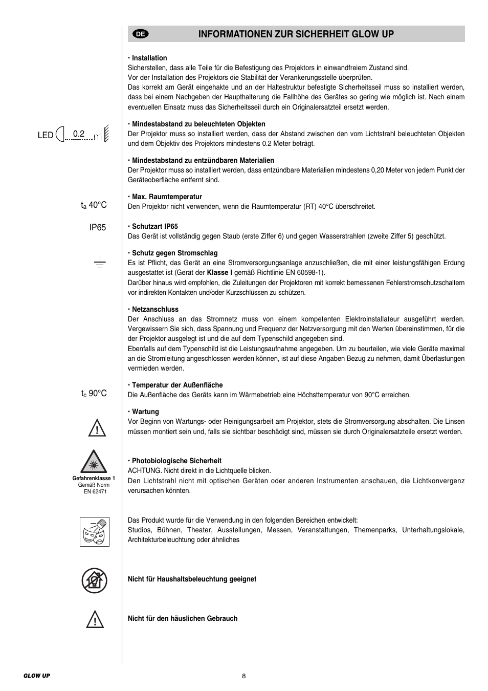 Informationen zur sicherheit glow up | Clay Paky GLOW UP User Manual | Page 8 / 36