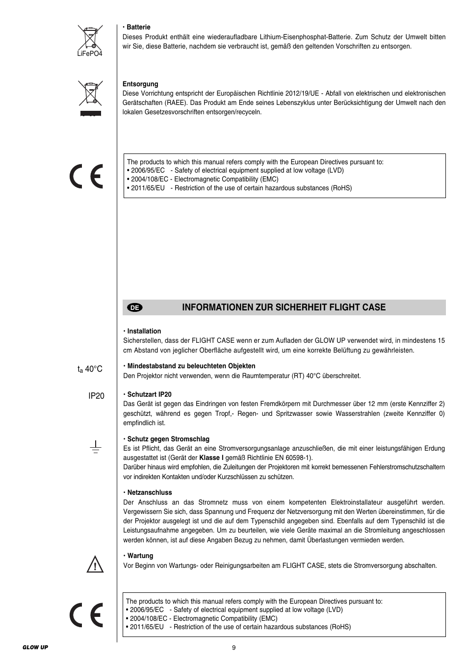 Informationen zur sicherheit flight case | Clay Paky GLOW UP User Manual | Page 9 / 36