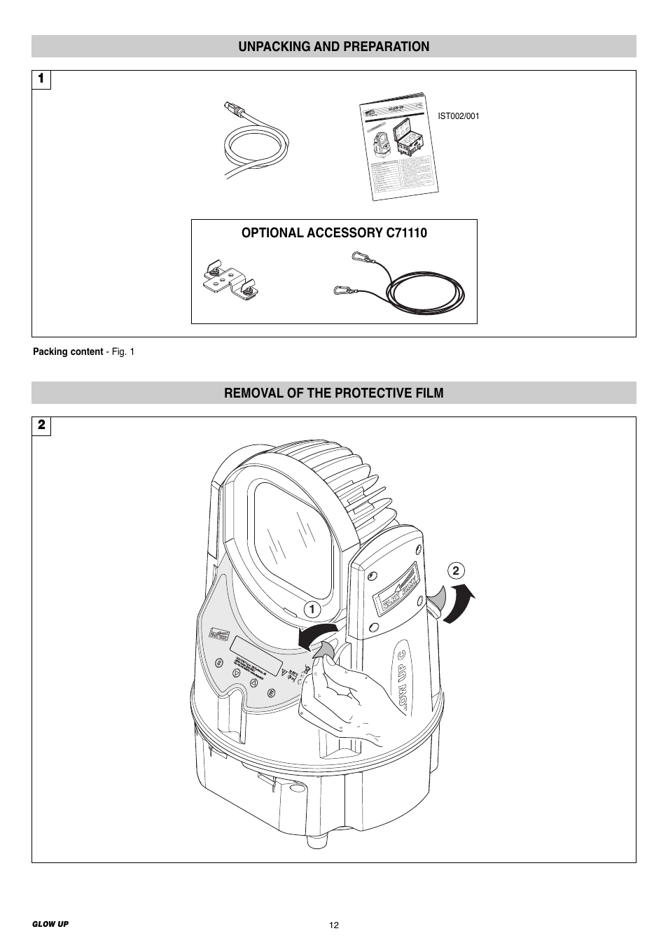 Unpacking and preparation, Removal of the protective film | Clay Paky GLOW UP User Manual | Page 12 / 32