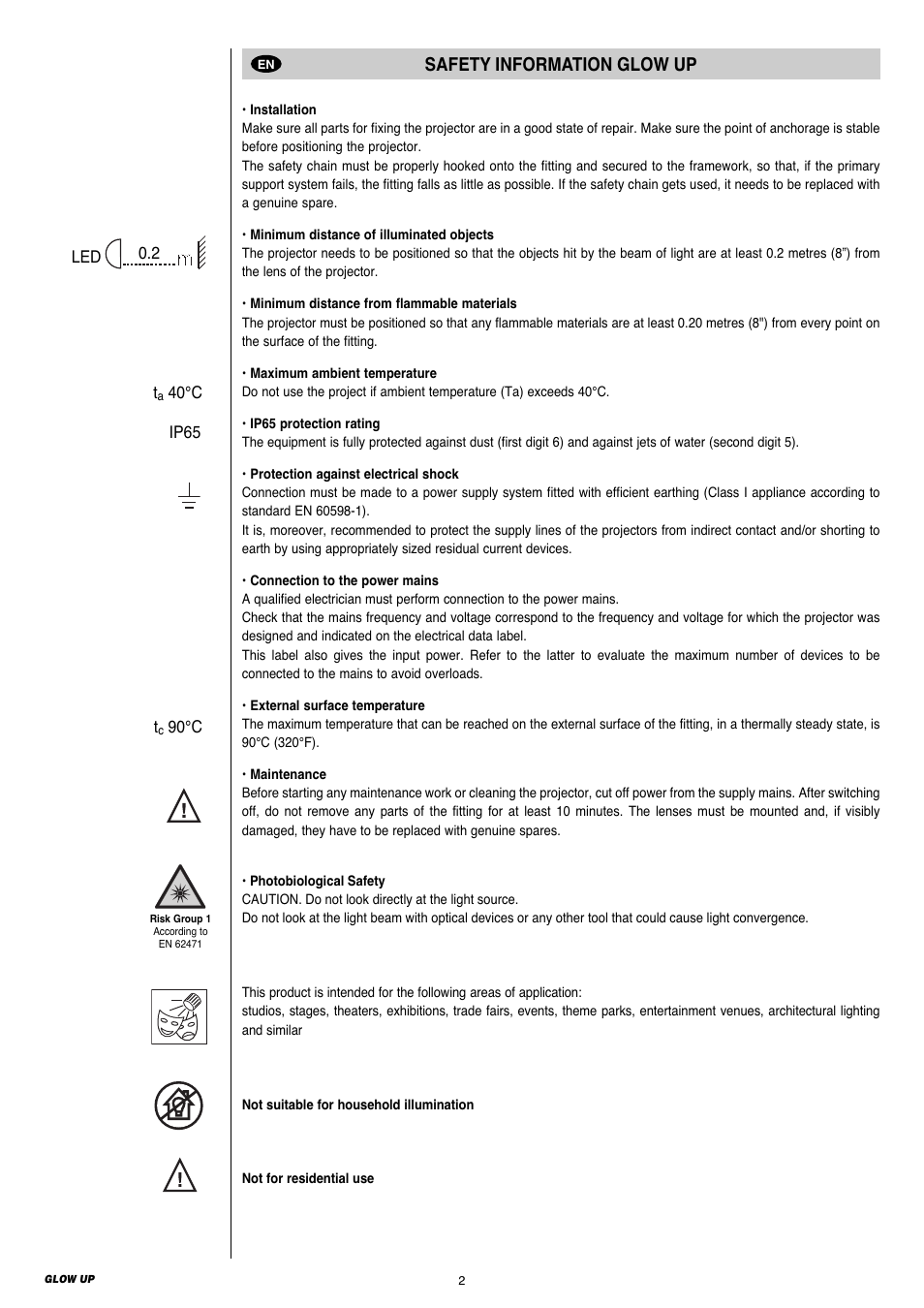 Safety information glow up en-it-fr-de-es, Safety information glow up | Clay Paky GLOW UP User Manual | Page 2 / 32