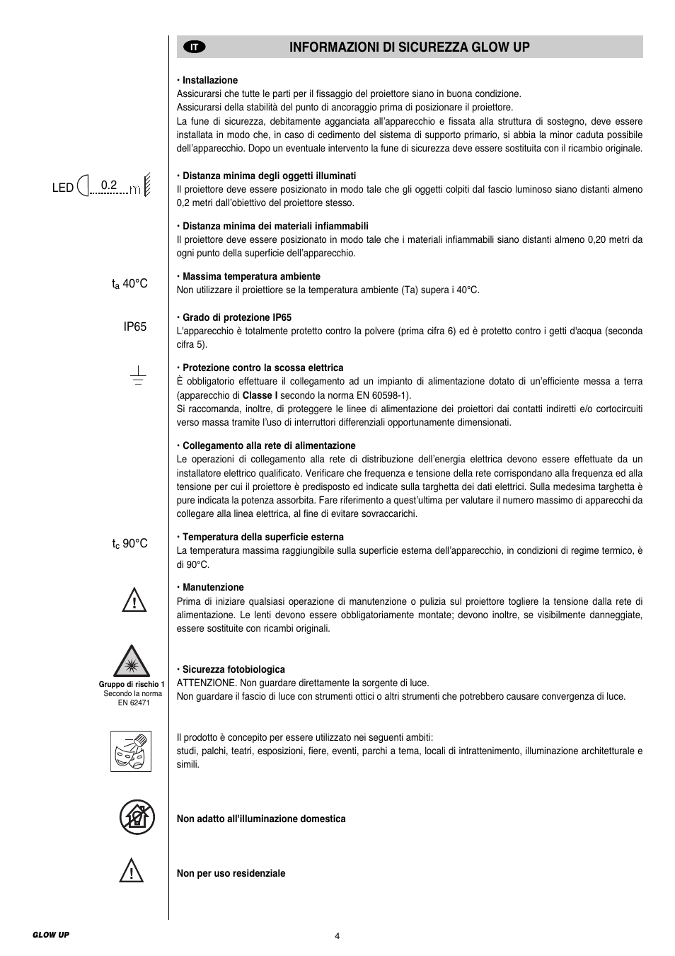 Informazioni di sicurezza glow up | Clay Paky GLOW UP User Manual | Page 4 / 32