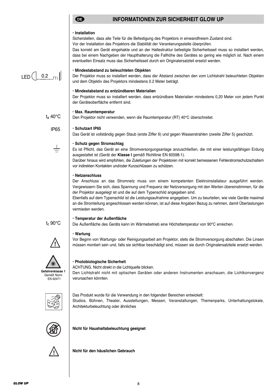 Informationen zur sicherheit glow up | Clay Paky GLOW UP User Manual | Page 8 / 32