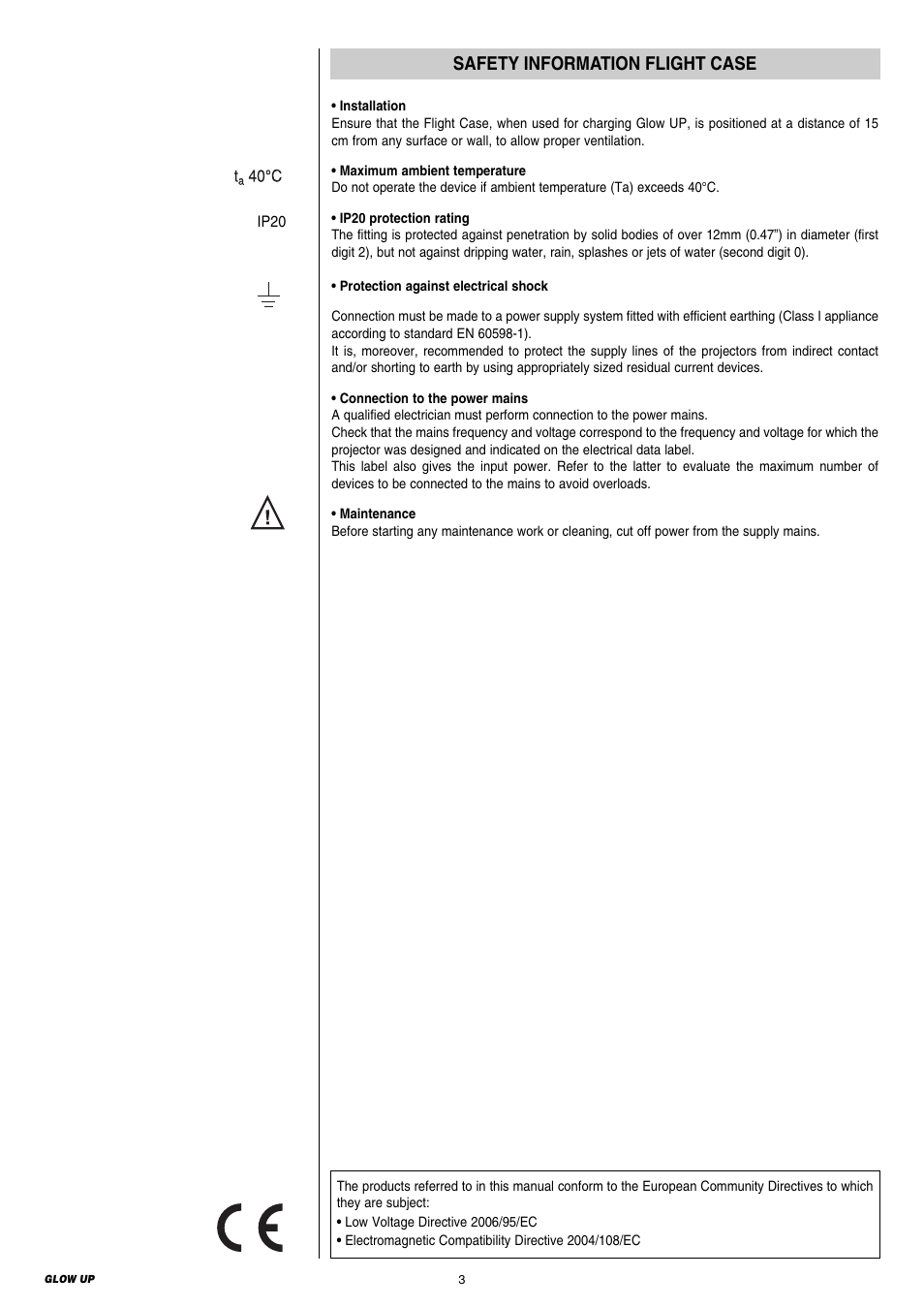 Safety information flight case | Clay Paky GLOW UP User Manual | Page 3 / 24