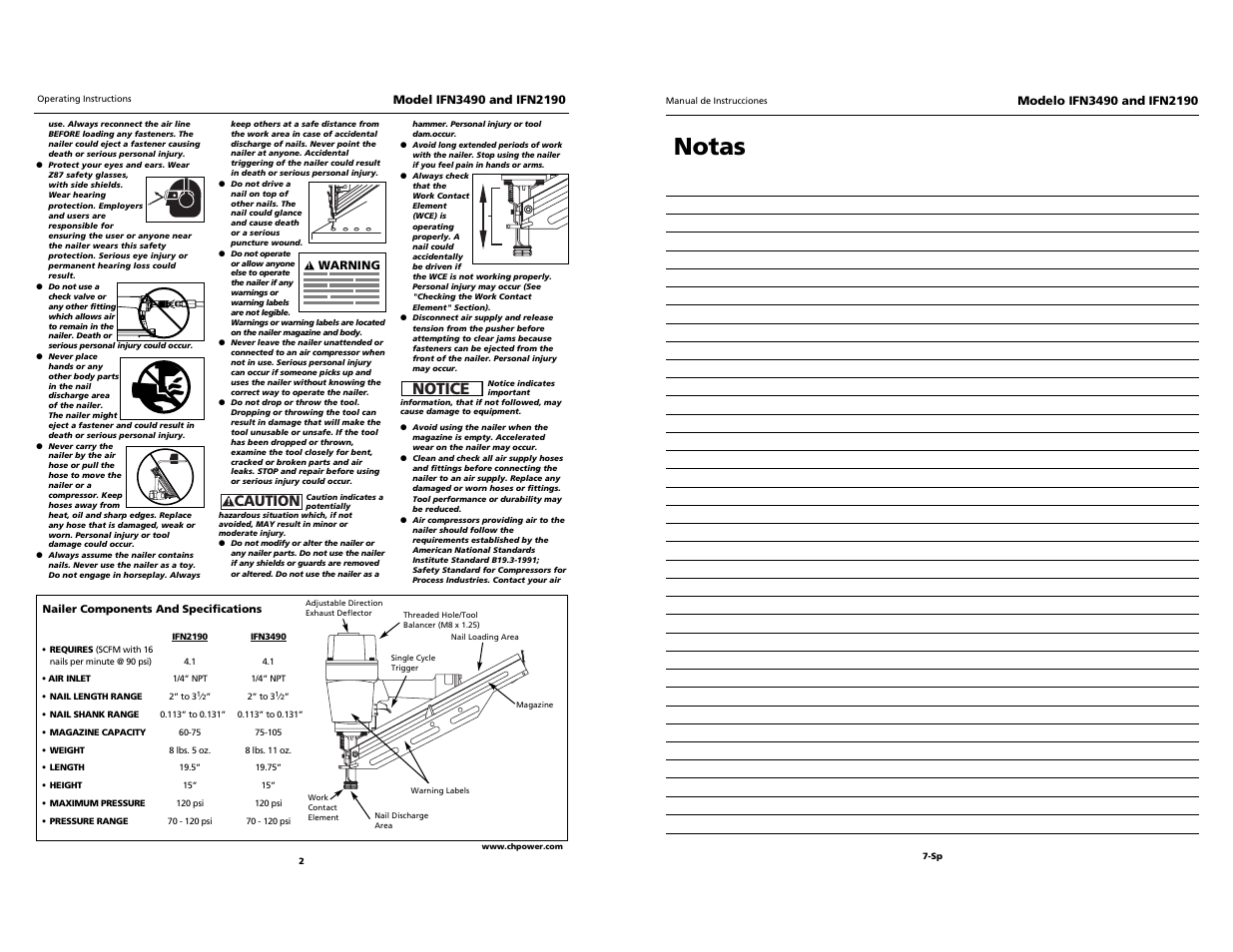 Notas, Notice, Caution | Campbell Hausfeld IFN3490 User Manual | Page 2 / 12