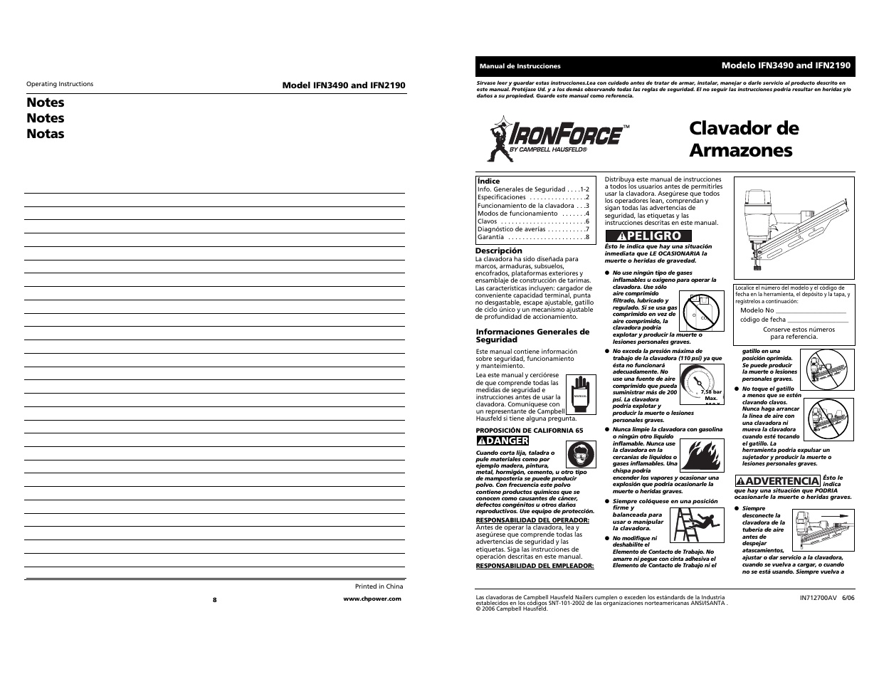 Clavador de armazones, Peligro, Advertencia | Campbell Hausfeld IFN3490 User Manual | Page 8 / 12