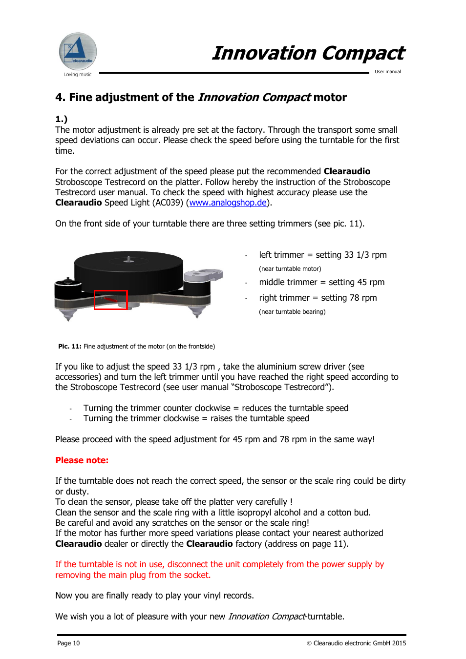 Innovation compact, Fine adjustment of the, Motor | Clearaudio Innovation Compact + Stroboscope Testrecord User Manual | Page 11 / 16