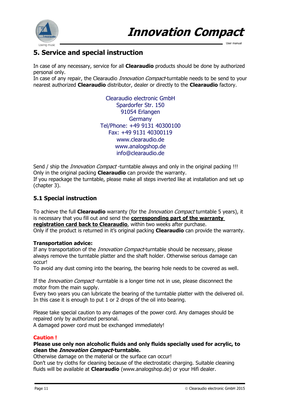 Innovation compact, Service and special instruction | Clearaudio Innovation Compact + Stroboscope Testrecord User Manual | Page 12 / 16