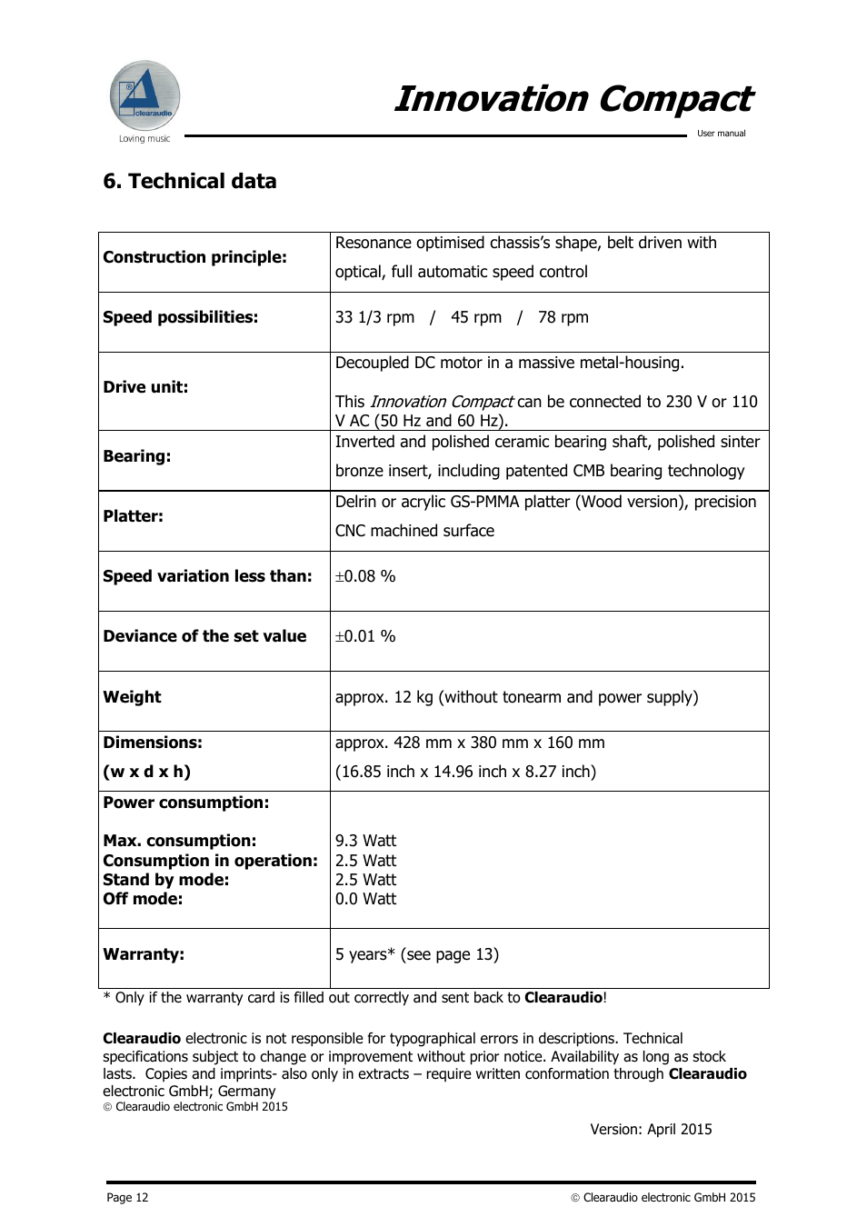 Innovation compact, Technical data | Clearaudio Innovation Compact + Stroboscope Testrecord User Manual | Page 13 / 16