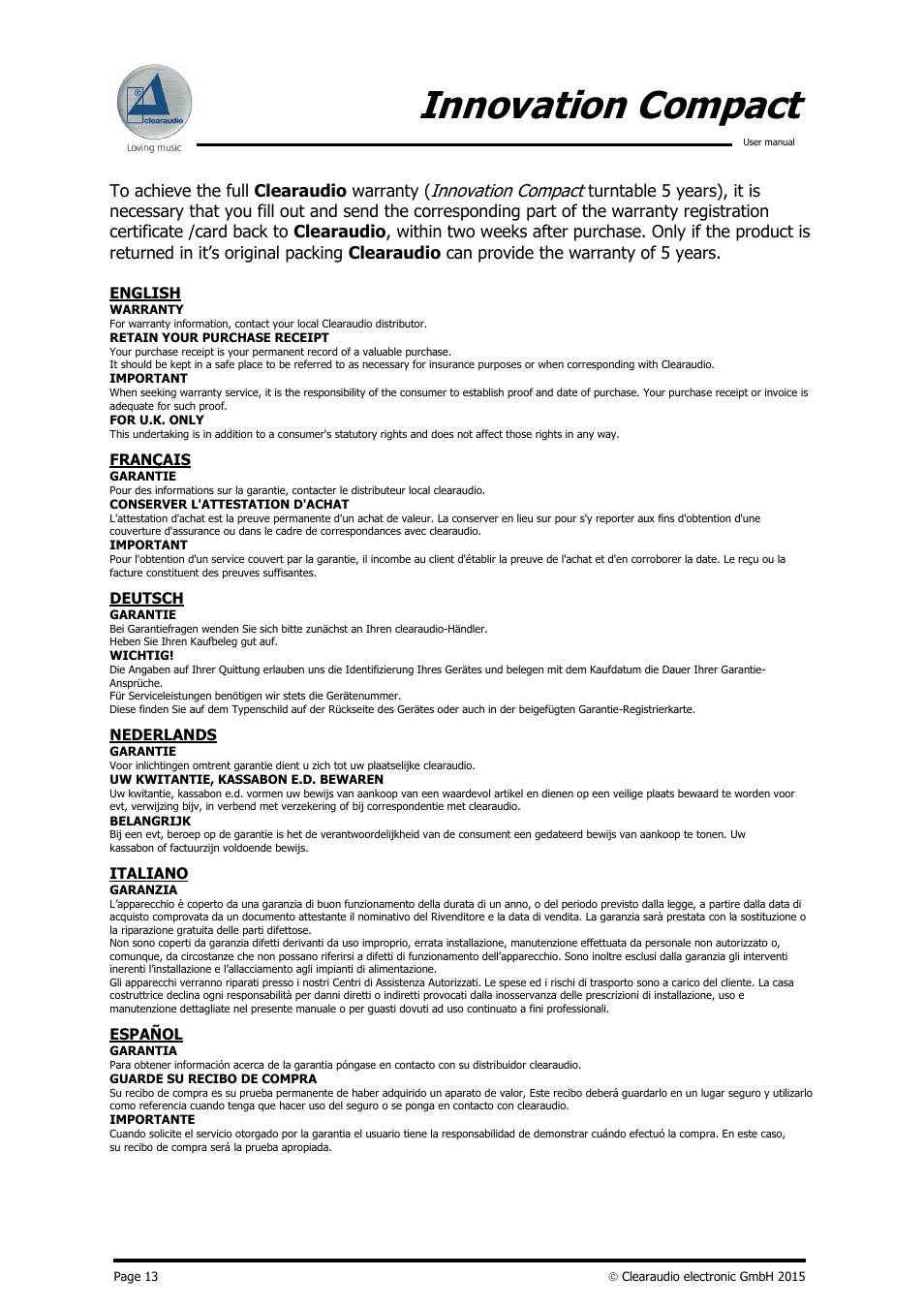 Innovation compact | Clearaudio Innovation Compact + Stroboscope Testrecord User Manual | Page 14 / 16