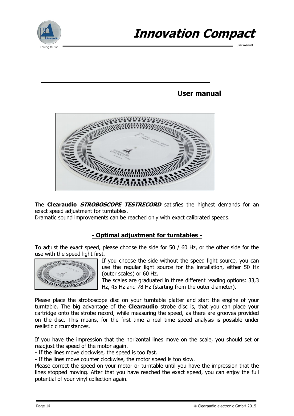 Stroboscope testrecord, Innovation compact, User manual | Clearaudio Innovation Compact + Stroboscope Testrecord User Manual | Page 15 / 16