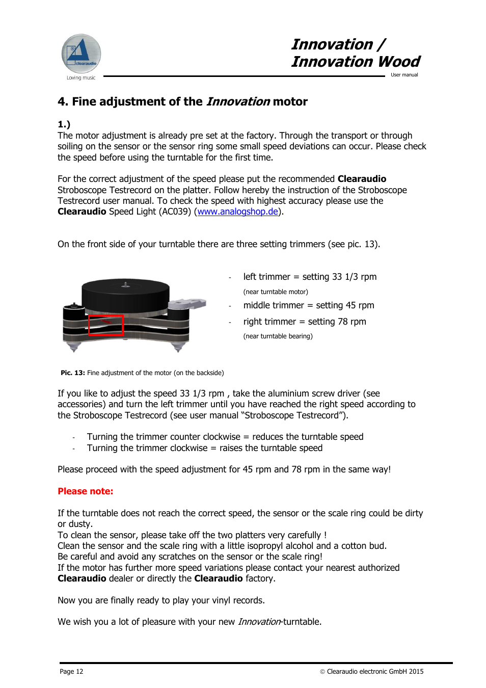 Innovation / innovation wood, Innovation, Fine adjustment of the | Motor | Clearaudio INNOVATION + STROBOSCOPE TESTRECORD User Manual | Page 13 / 18