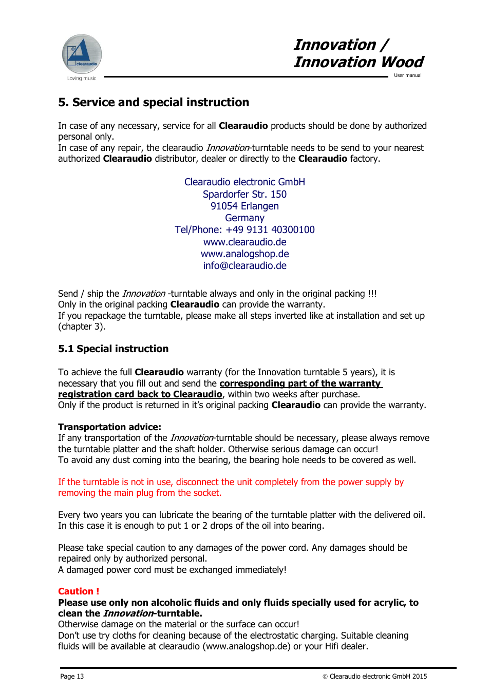 Innovation / innovation wood, Service and special instruction | Clearaudio INNOVATION + STROBOSCOPE TESTRECORD User Manual | Page 14 / 18