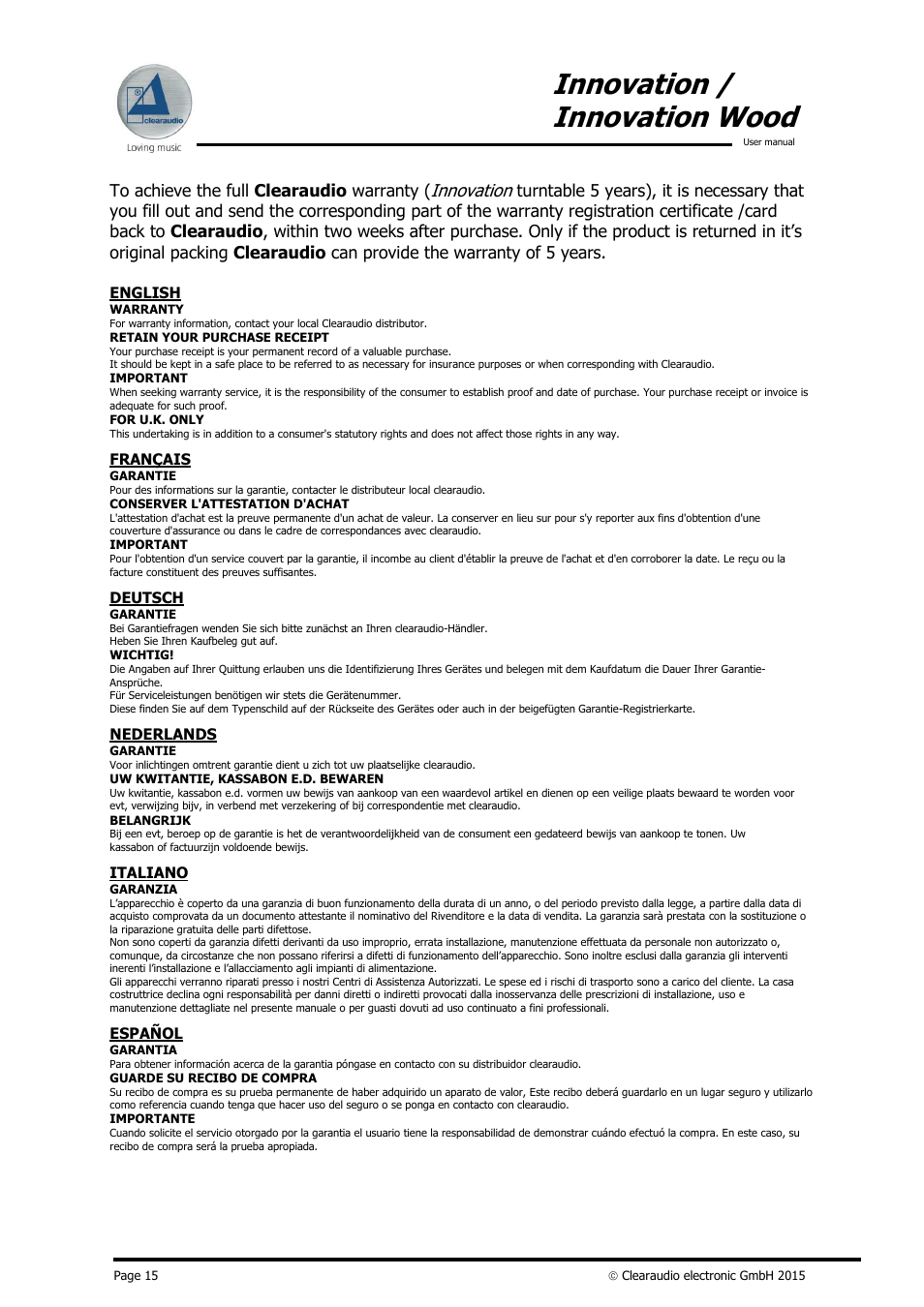 Innovation / innovation wood, Innovation | Clearaudio INNOVATION + STROBOSCOPE TESTRECORD User Manual | Page 16 / 18