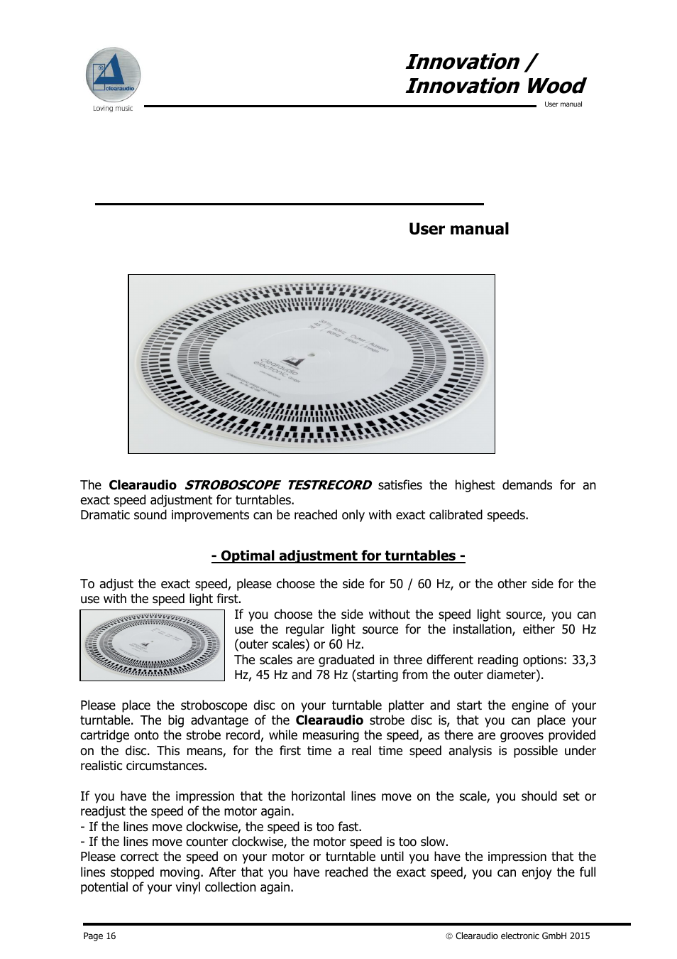 Stroboscope testrecord, Innovation / innovation wood, User manual | Clearaudio INNOVATION + STROBOSCOPE TESTRECORD User Manual | Page 17 / 18