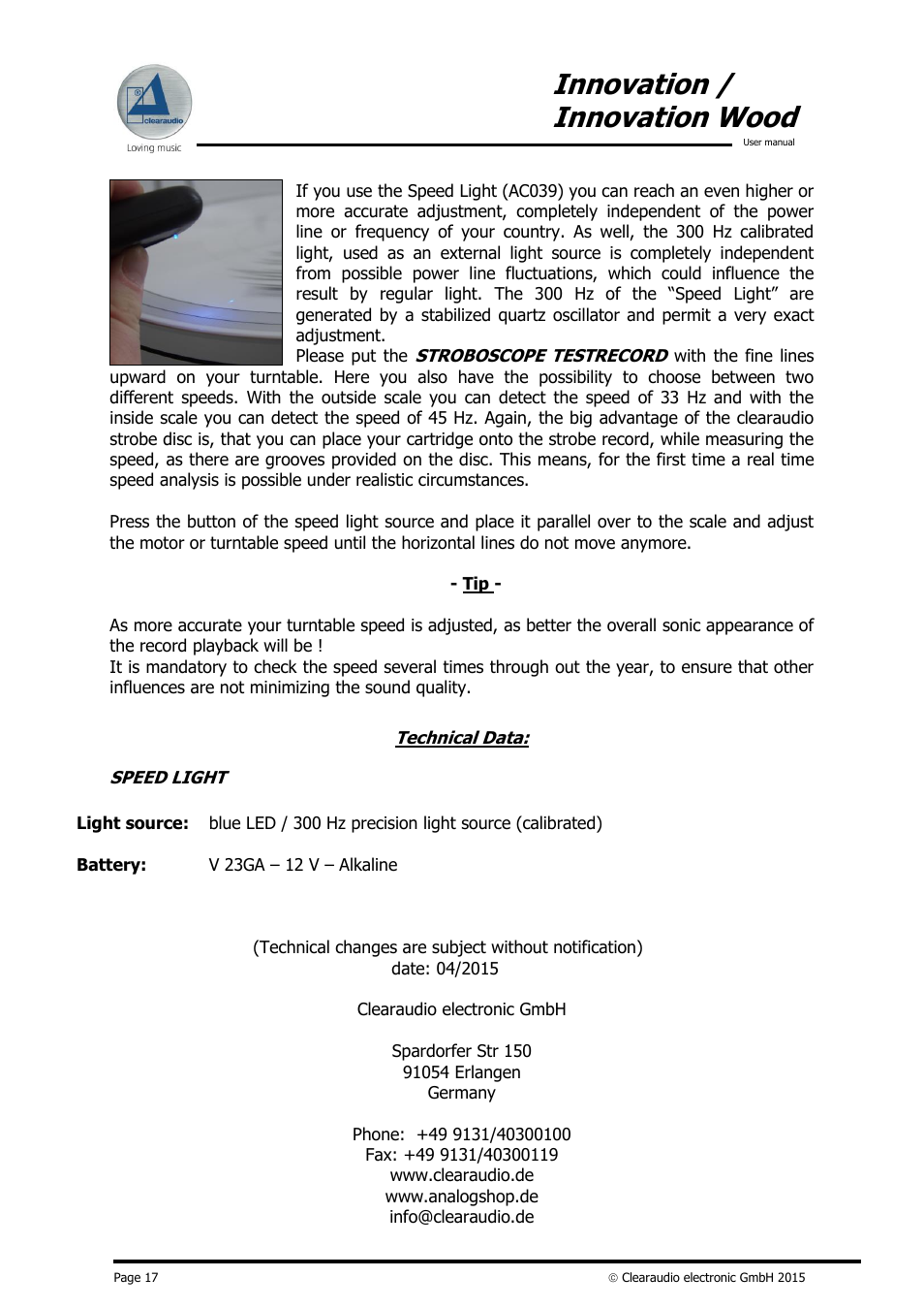 Innovation / innovation wood | Clearaudio INNOVATION + STROBOSCOPE TESTRECORD User Manual | Page 18 / 18