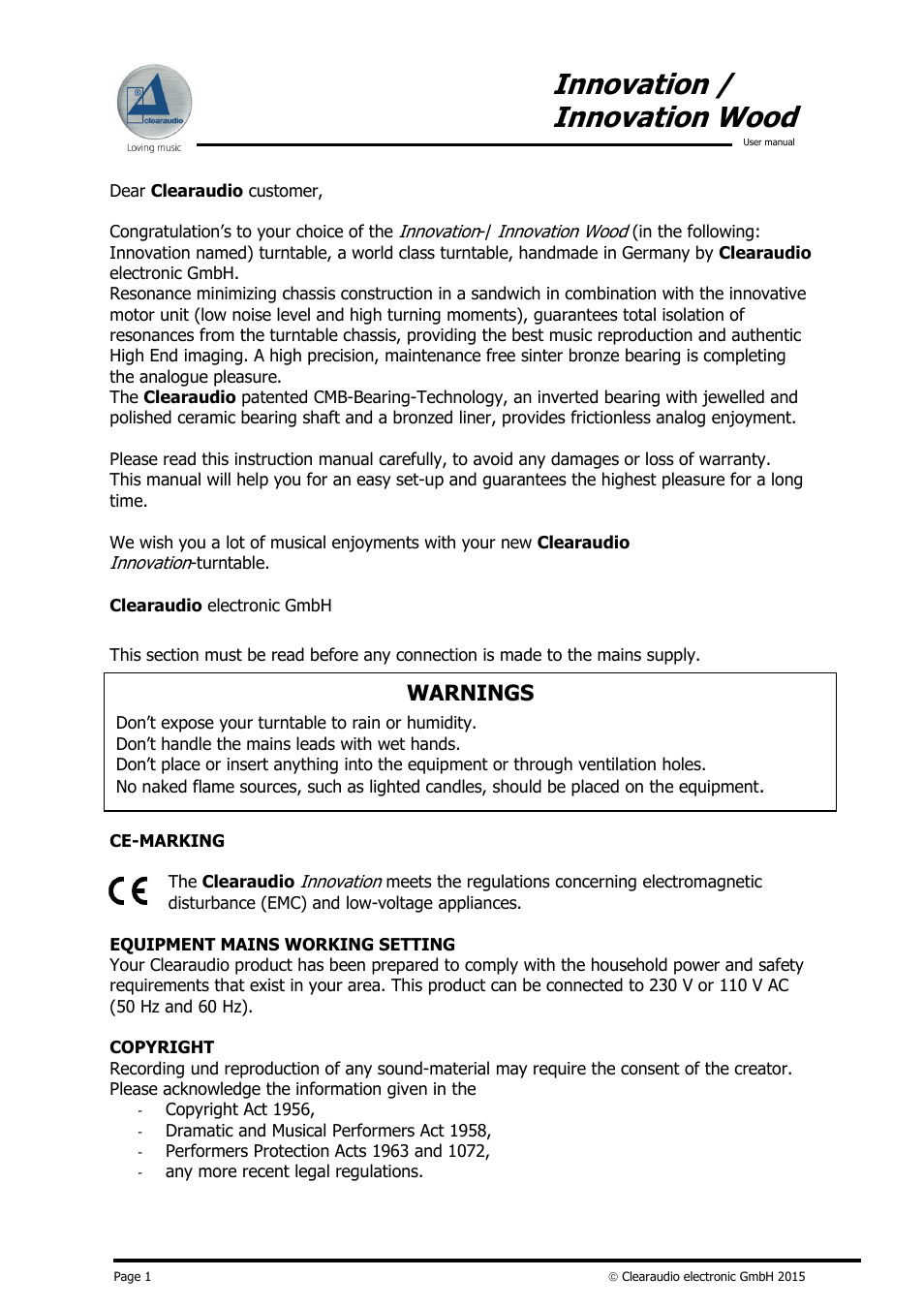 Innovation / innovation wood, Warnings | Clearaudio INNOVATION + STROBOSCOPE TESTRECORD User Manual | Page 2 / 18
