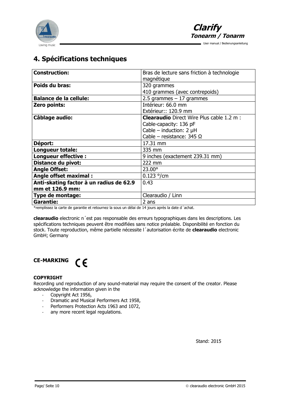 Clarify, Spécifications techniques, Tonearm / tonarm | Clearaudio CLARIFY (Radial) User Manual | Page 11 / 22