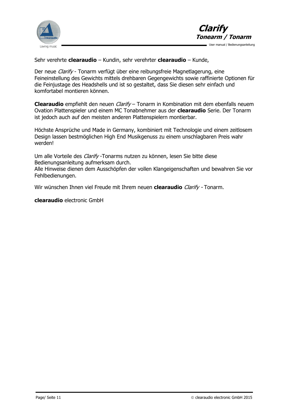 Clarify, Tonearm / tonarm | Clearaudio CLARIFY (Radial) User Manual | Page 12 / 22