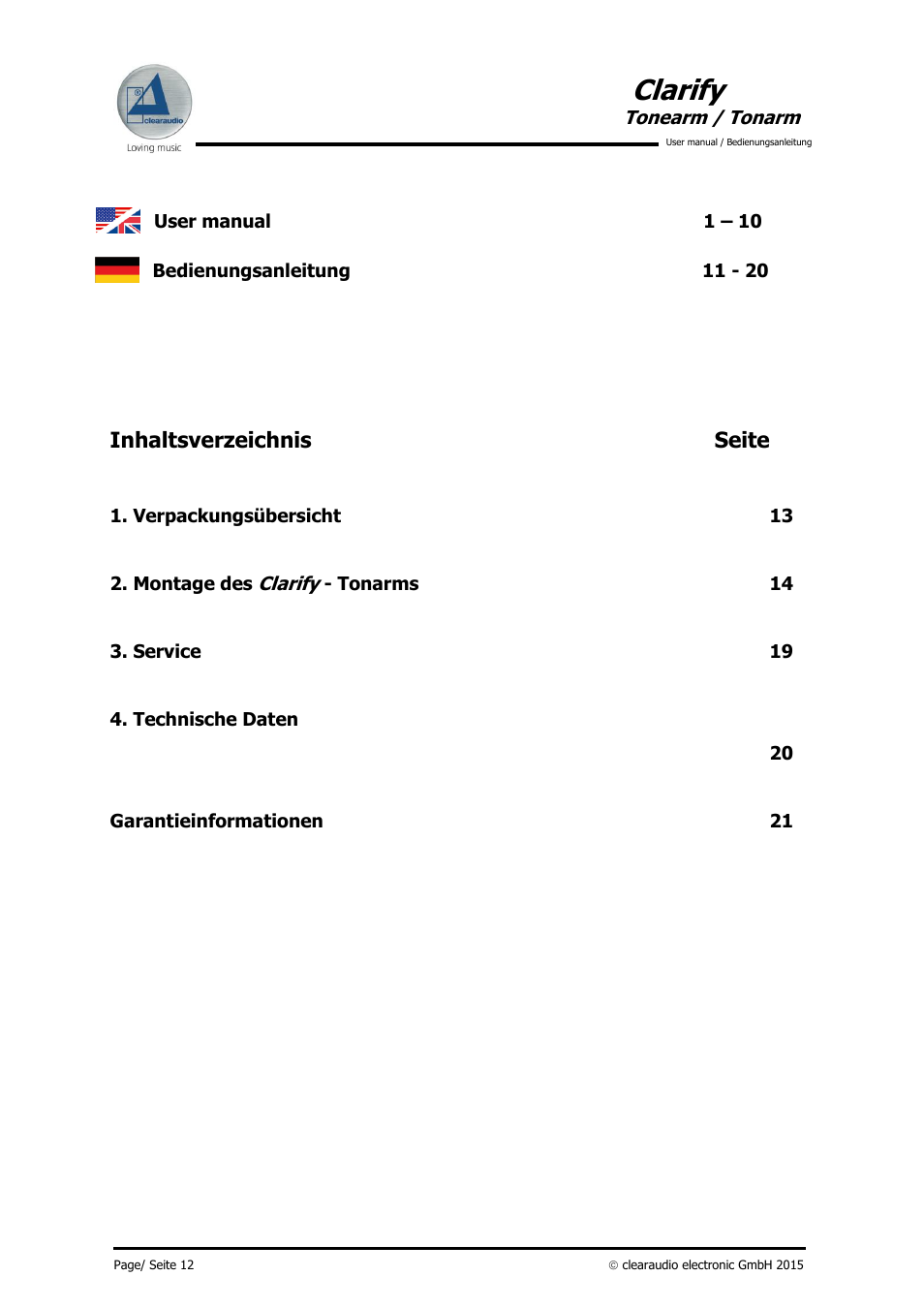 Clarify, Inhaltsverzeichnis seite | Clearaudio CLARIFY (Radial) User Manual | Page 13 / 22