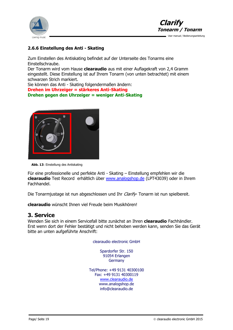 Clarify, Service, Tonearm / tonarm | Clearaudio CLARIFY (Radial) User Manual | Page 20 / 22