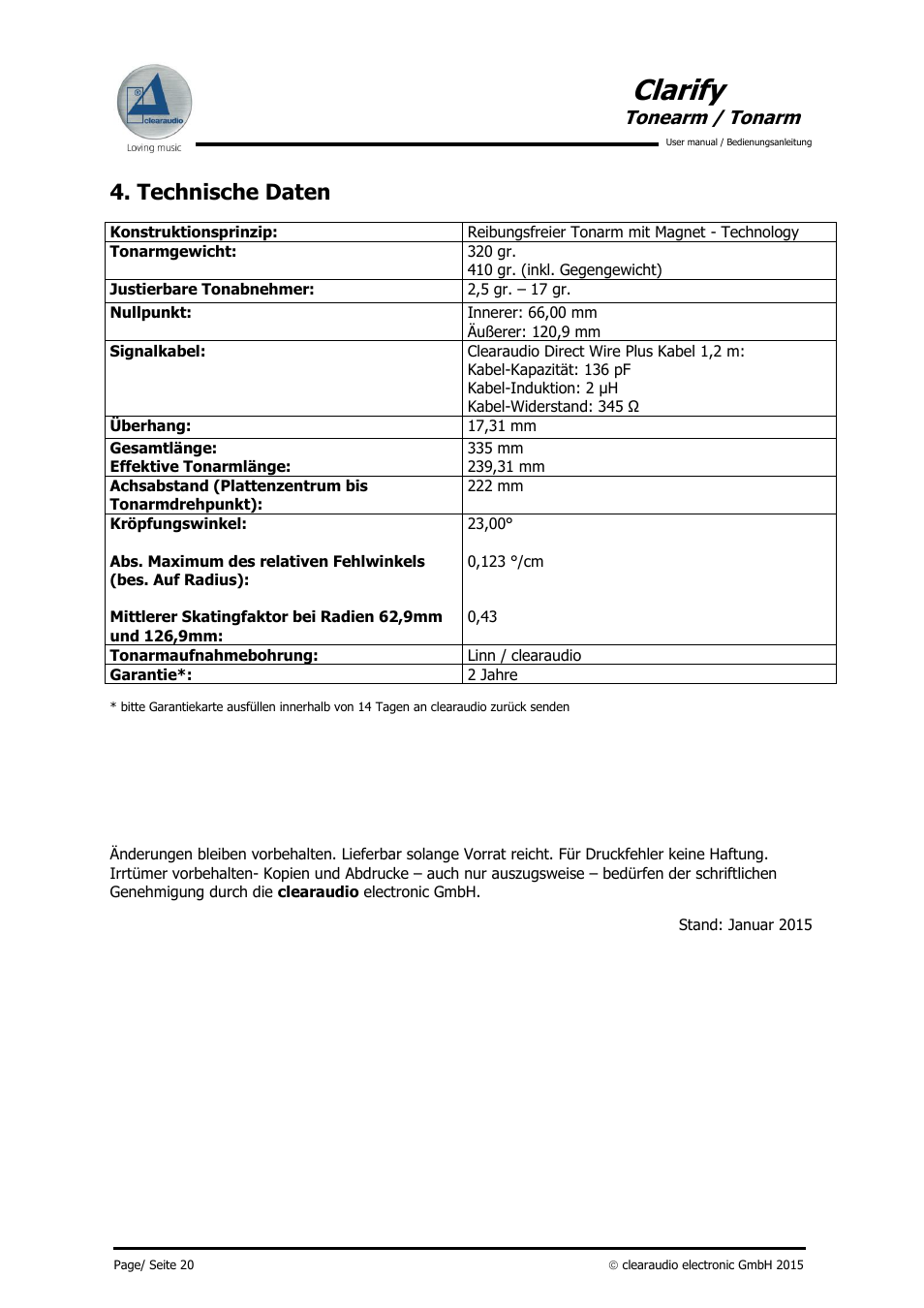 Clarify, Technische daten, Tonearm / tonarm | Clearaudio CLARIFY (Radial) User Manual | Page 21 / 22