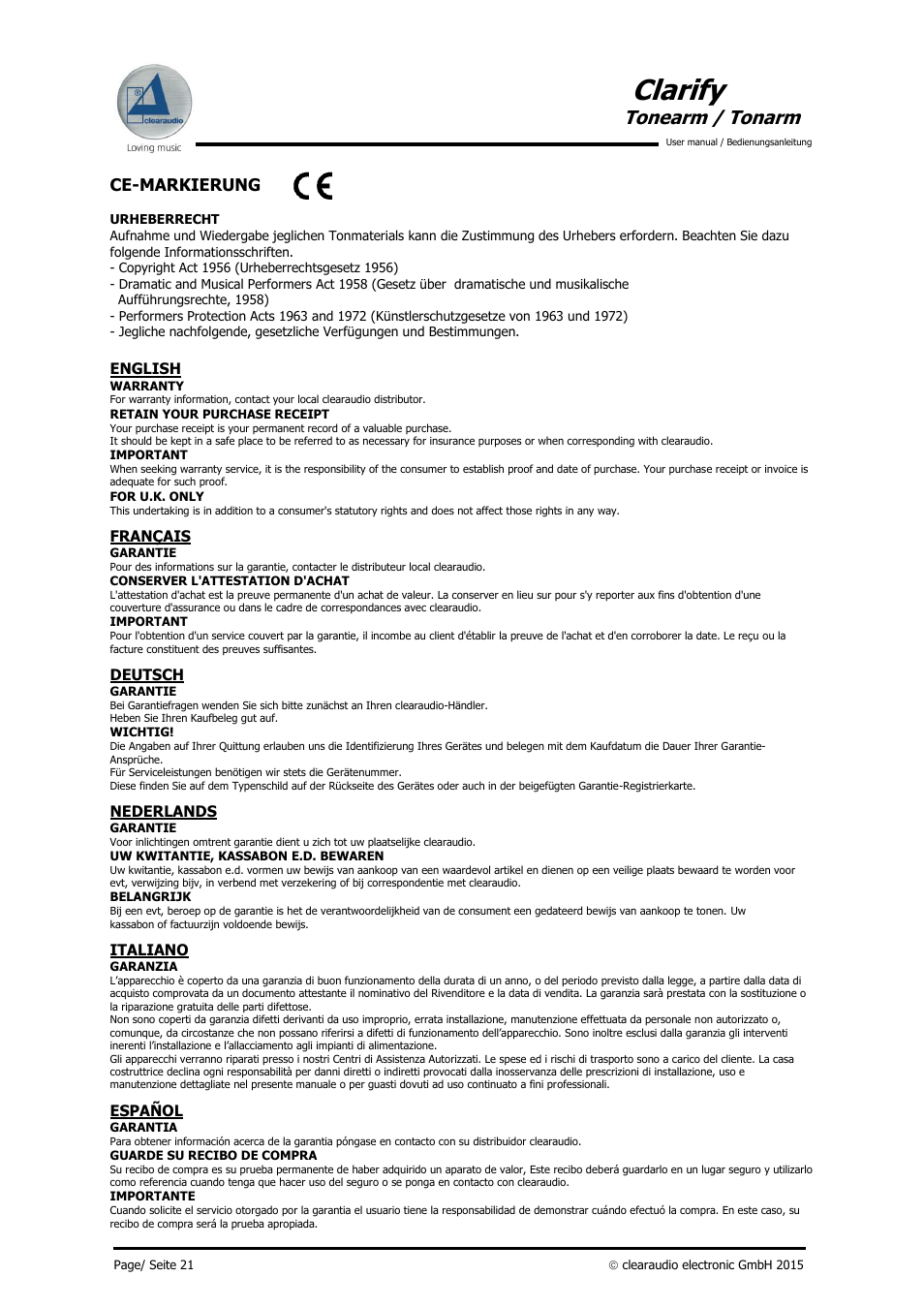 Clarify, Tonearm / tonarm, Ce-markierung | Clearaudio CLARIFY (Radial) User Manual | Page 22 / 22