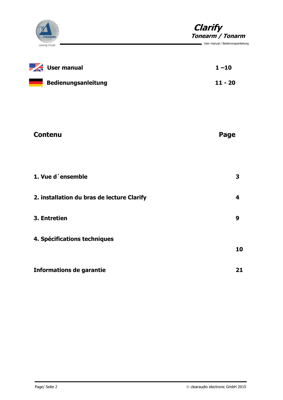 Clarify, Contenu page | Clearaudio CLARIFY (Radial) User Manual | Page 3 / 22