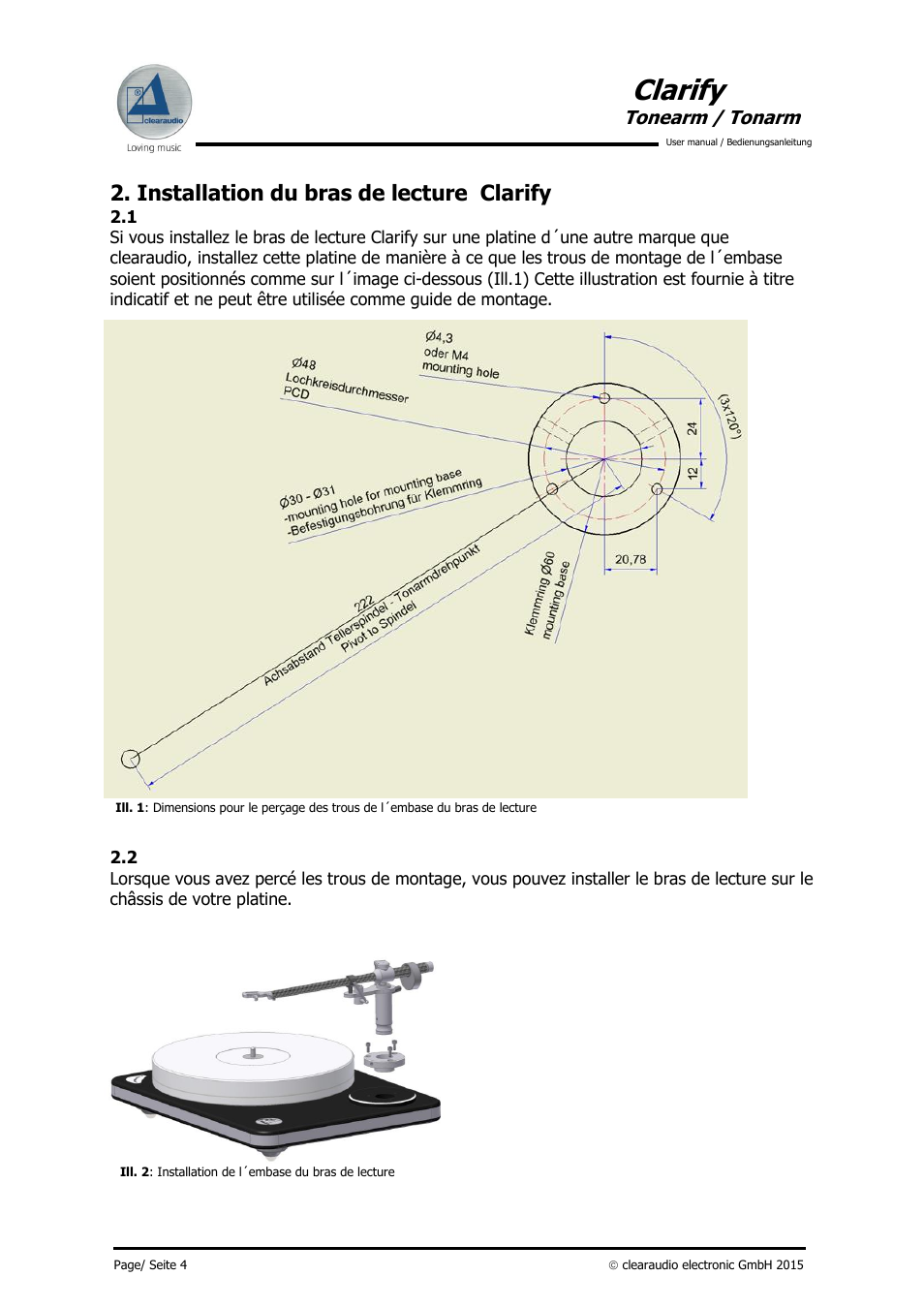 Clarify, Installation du bras de lecture clarify | Clearaudio CLARIFY (Radial) User Manual | Page 5 / 22