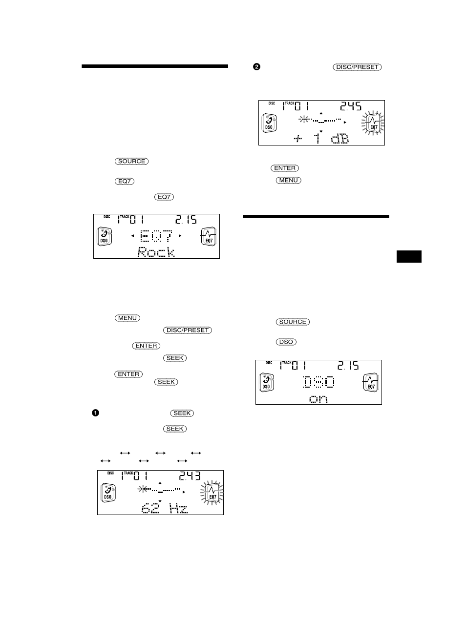 Setting the equalizer, Setting the dynamic soundstage organizer (dso), Dso) | N 27 | Sony CDX-CA750 RU User Manual | Page 27 / 204