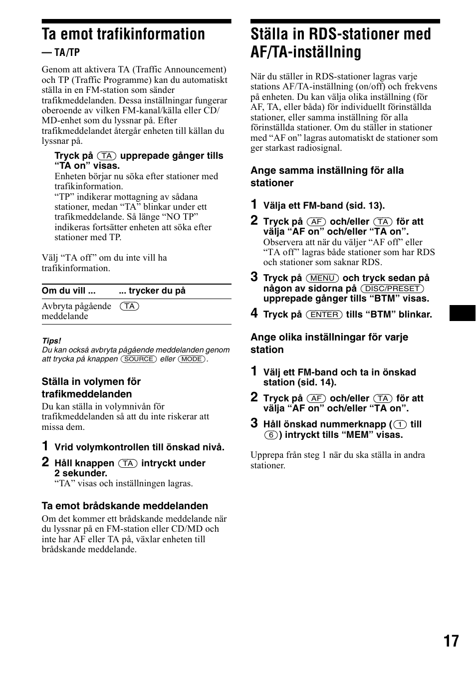 Ta emot trafikinformation, Ta/tp, Ställa in rds-stationer med af/ta | Inställning, Ll 17, Sid. 17, 17 ta emot trafikinformation, Ställa in rds-stationer med af/ta-inställning | Sony CDX-CA750 RU User Manual | Page 83 / 204