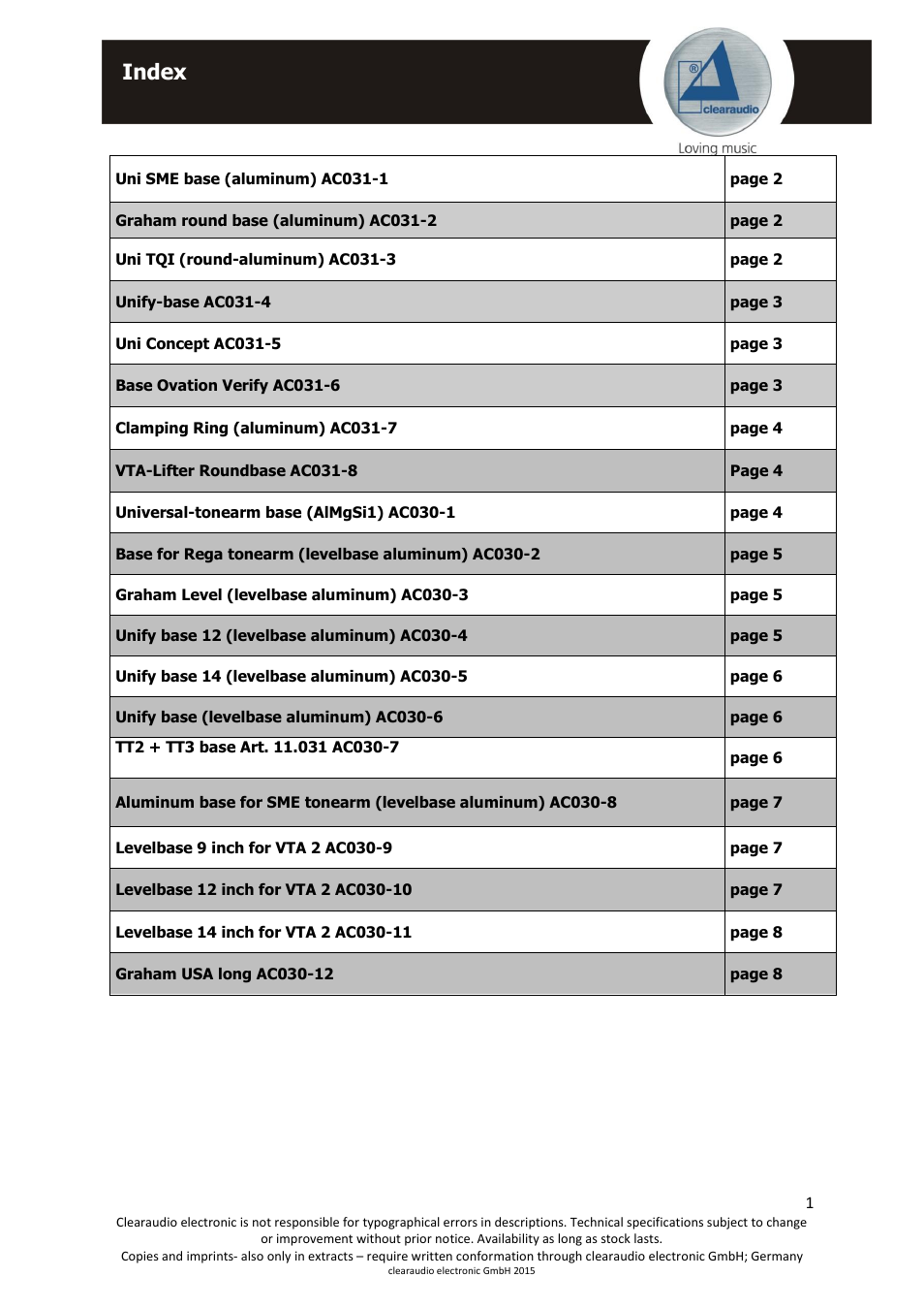 Index, Geben sie text ein | Clearaudio Tonearm bases Overview User Manual | Page 2 / 9