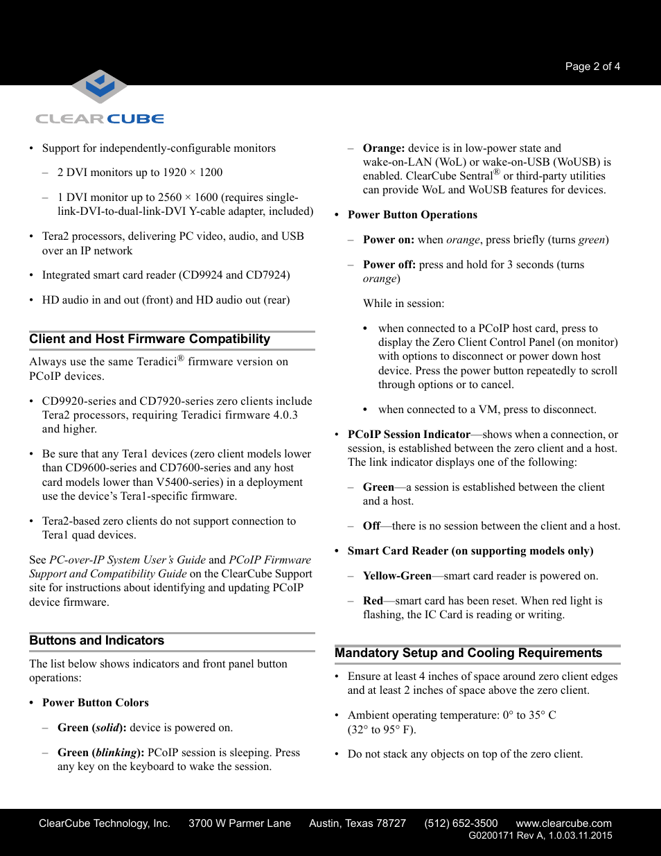 Client and host firmware compatibility, Buttons and indicators, Mandatory setup and cooling requirements | ClearCube CD7920-Series User Manual | Page 2 / 4