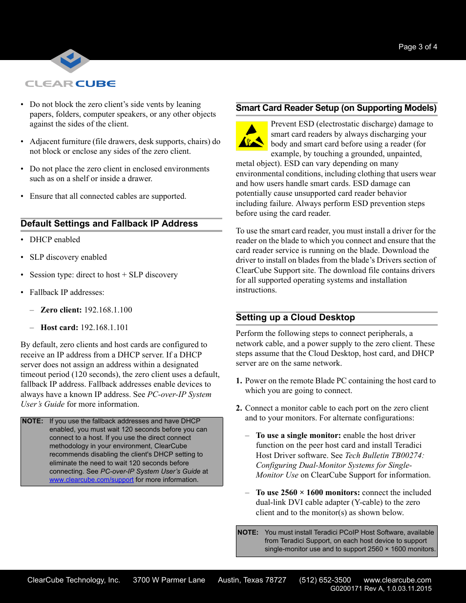 Default settings and fallback ip address, Smart card reader setup (on supporting models), Setting up a cloud desktop | ClearCube CD7920-Series User Manual | Page 3 / 4