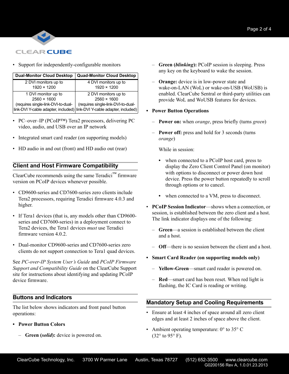 Client and host firmware compatibility, Buttons and indicators, Mandatory setup and cooling requirements | ClearCube CD7600-Series User Manual | Page 2 / 4