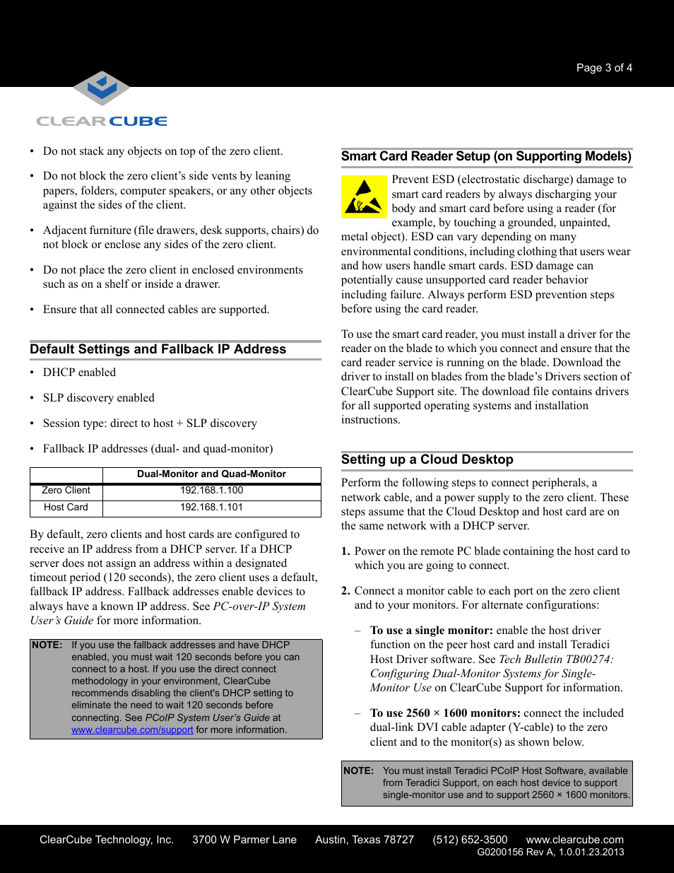 Default settings and fallback ip address, Smart card reader setup (on supporting models), Setting up a cloud desktop | ClearCube CD7600-Series User Manual | Page 3 / 4