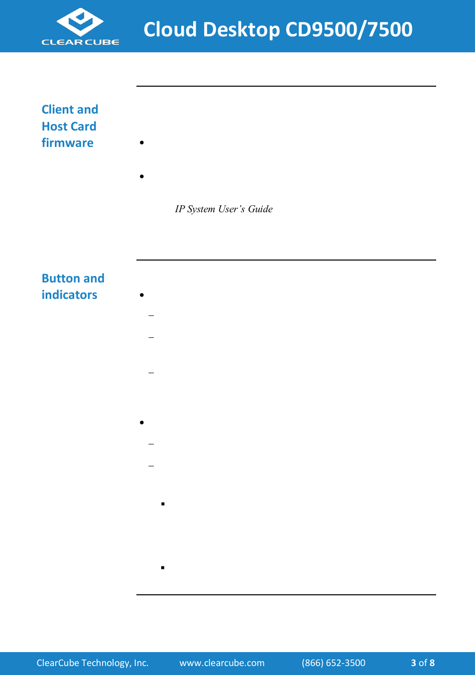 Client and host card firmware, Button and indicators | ClearCube CD7500-Series User Manual | Page 3 / 8