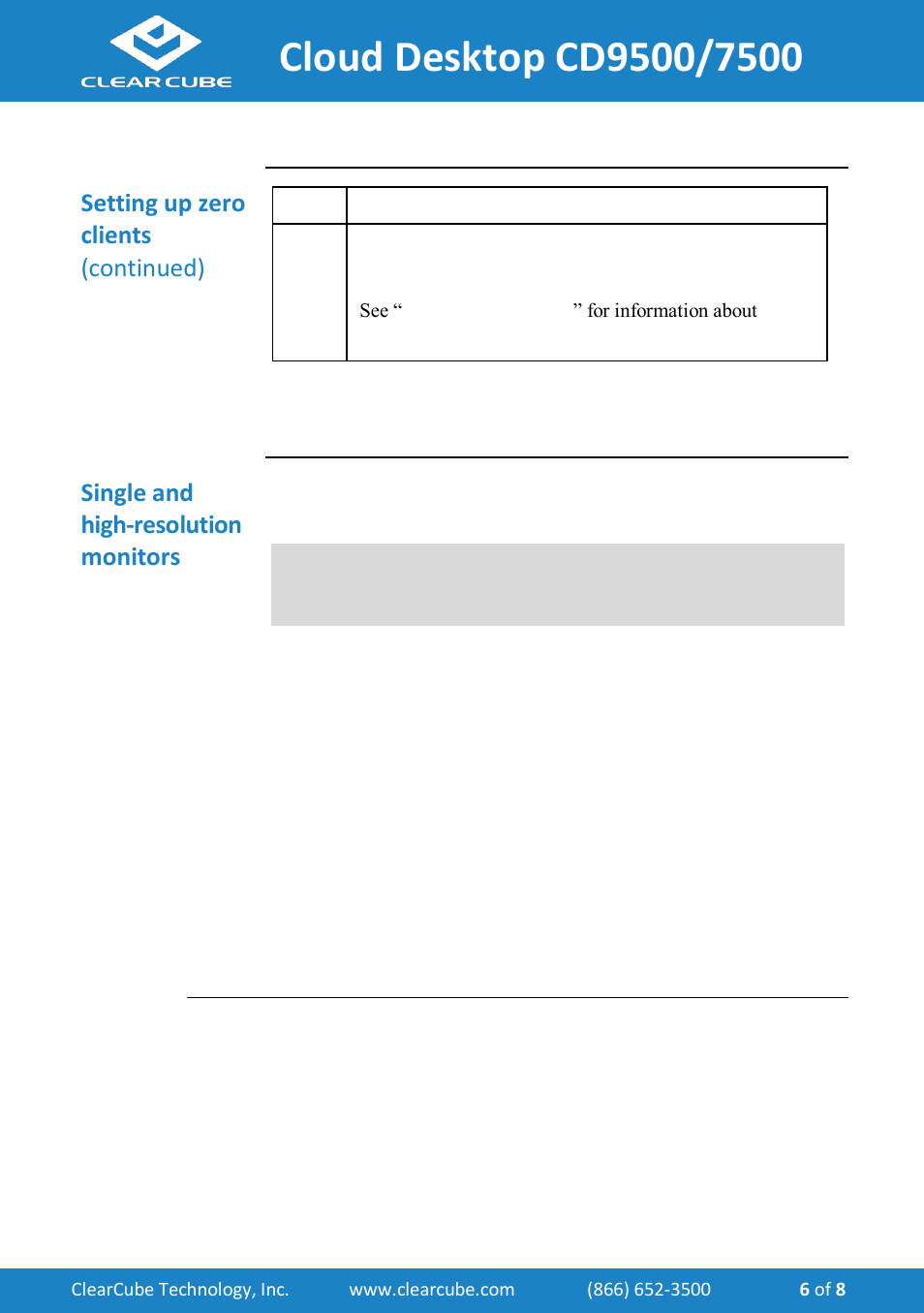 Single and high-resolution monitors, Single and high-resolution, Monitors | Below, Setting up zero clients (continued) | ClearCube CD7500-Series User Manual | Page 6 / 8