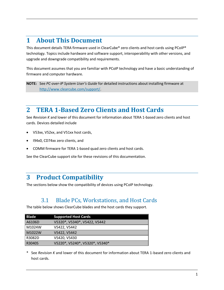 1 about this document, 2 tera 1-based zero clients and host cards, 3 product compatibility | 1 blade pcs, workstations, and host cards, About this document, Tera 1-based zero clients and host cards, Product compatibility, Blade pcs, workstations, and host cards | ClearCube PCoIP User Manual | Page 5 / 14