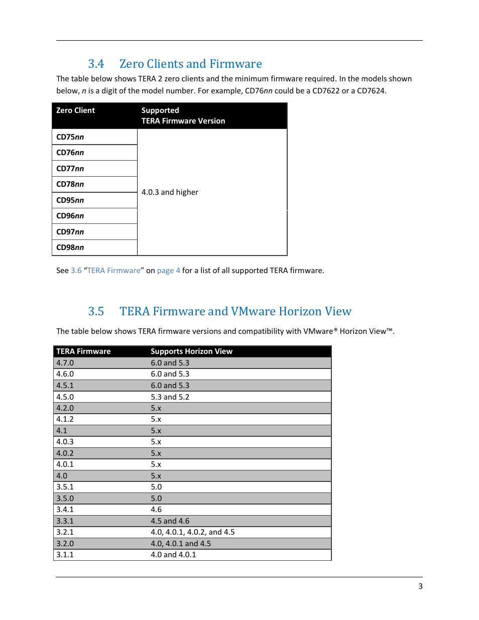 4 zero clients and firmware, 5 tera firmware and vmware horizon view, Zero clients and firmware | Tera firmware and vmware horizon view | ClearCube PCoIP User Manual | Page 7 / 14