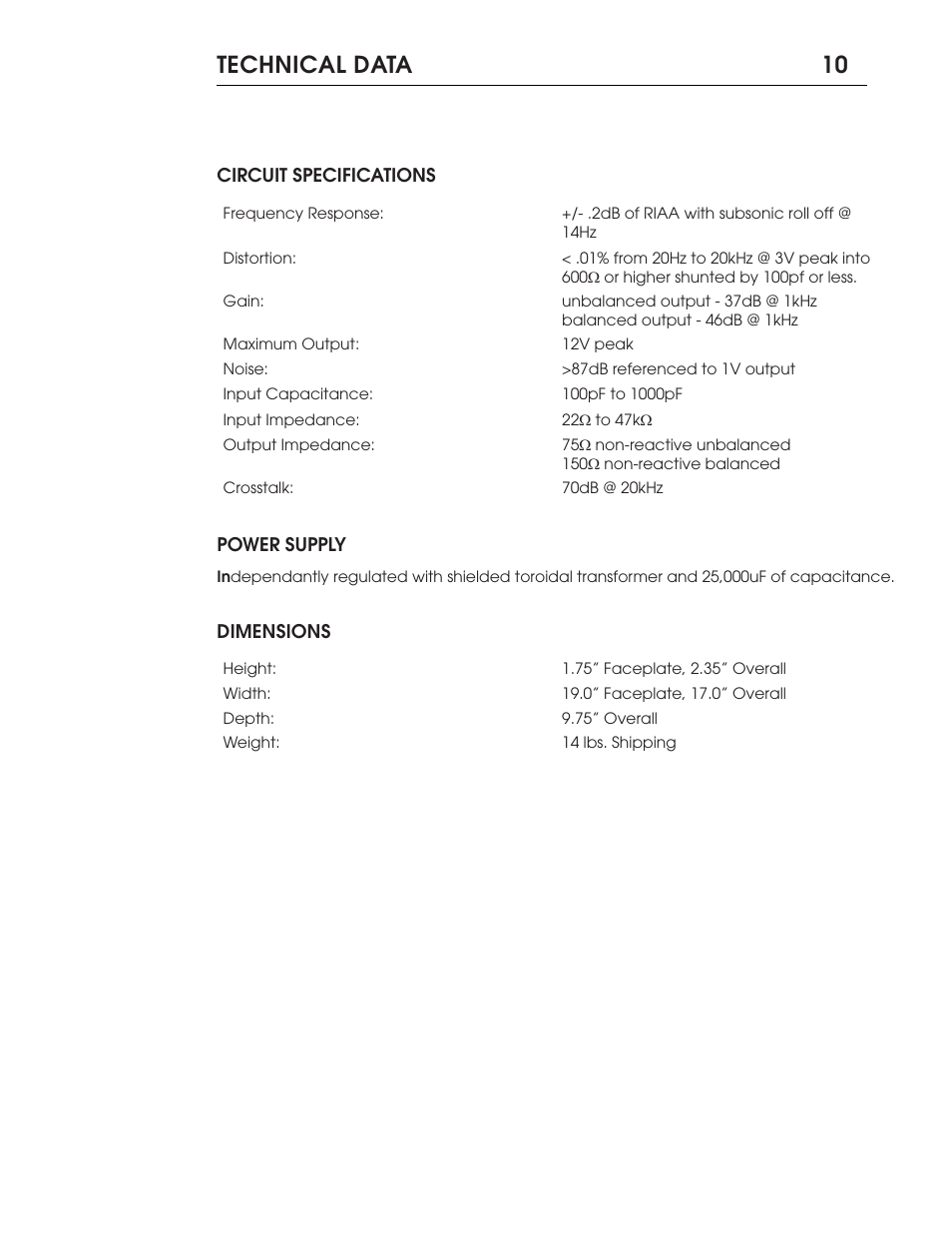 Technical data 10 | Coda FET Phono Preamplifier 06X User Manual | Page 10 / 14
