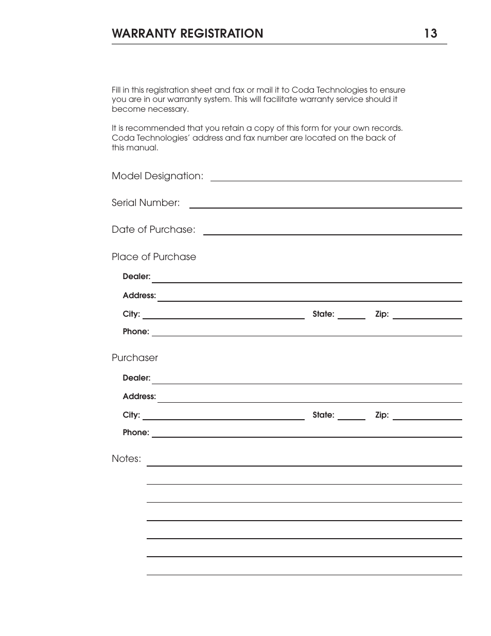 Warranty registration 13 | Coda FET Phono Preamplifier 06X User Manual | Page 13 / 14