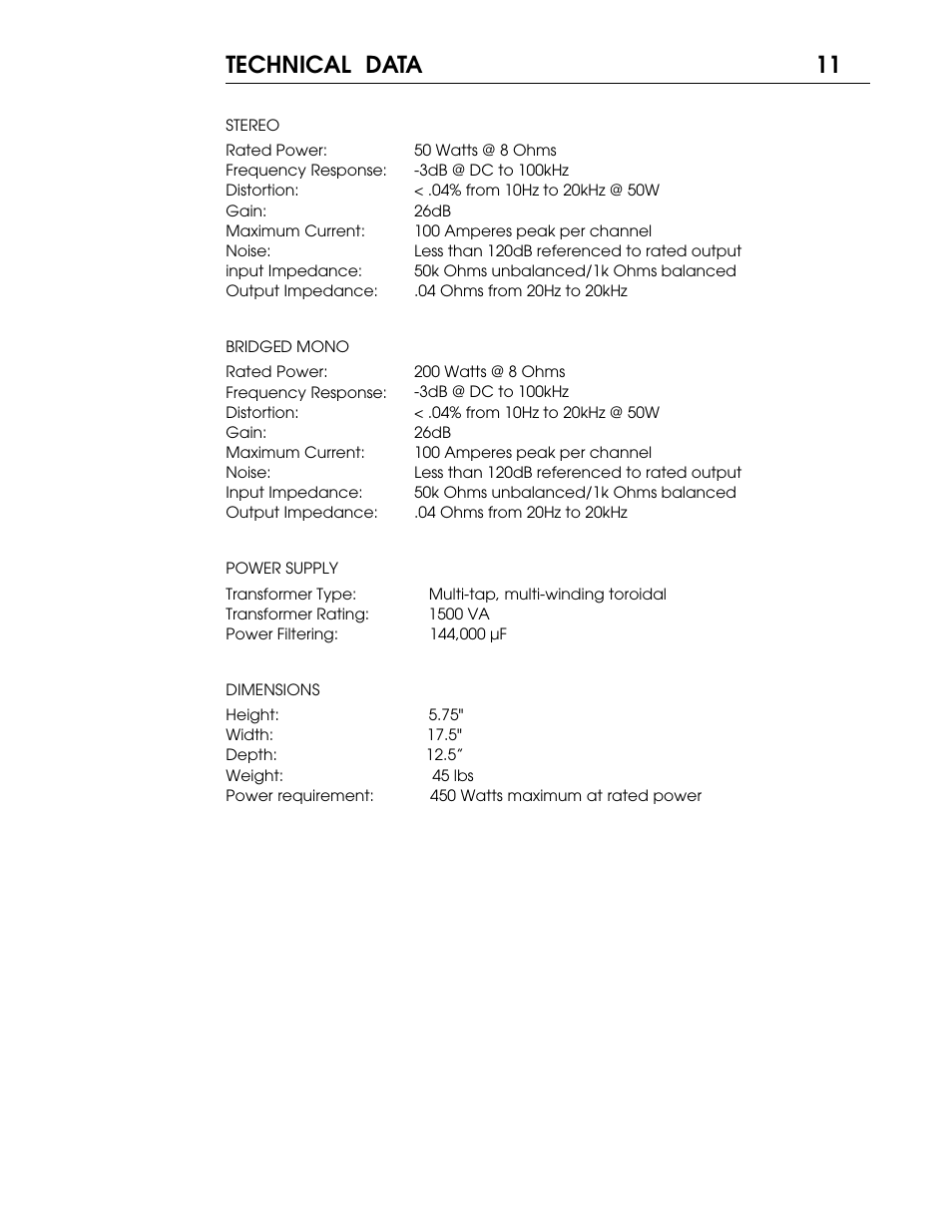 S55 p11.pdf, 11 technical data | Coda Stereo Amplifier S5.5 User Manual | Page 12 / 16
